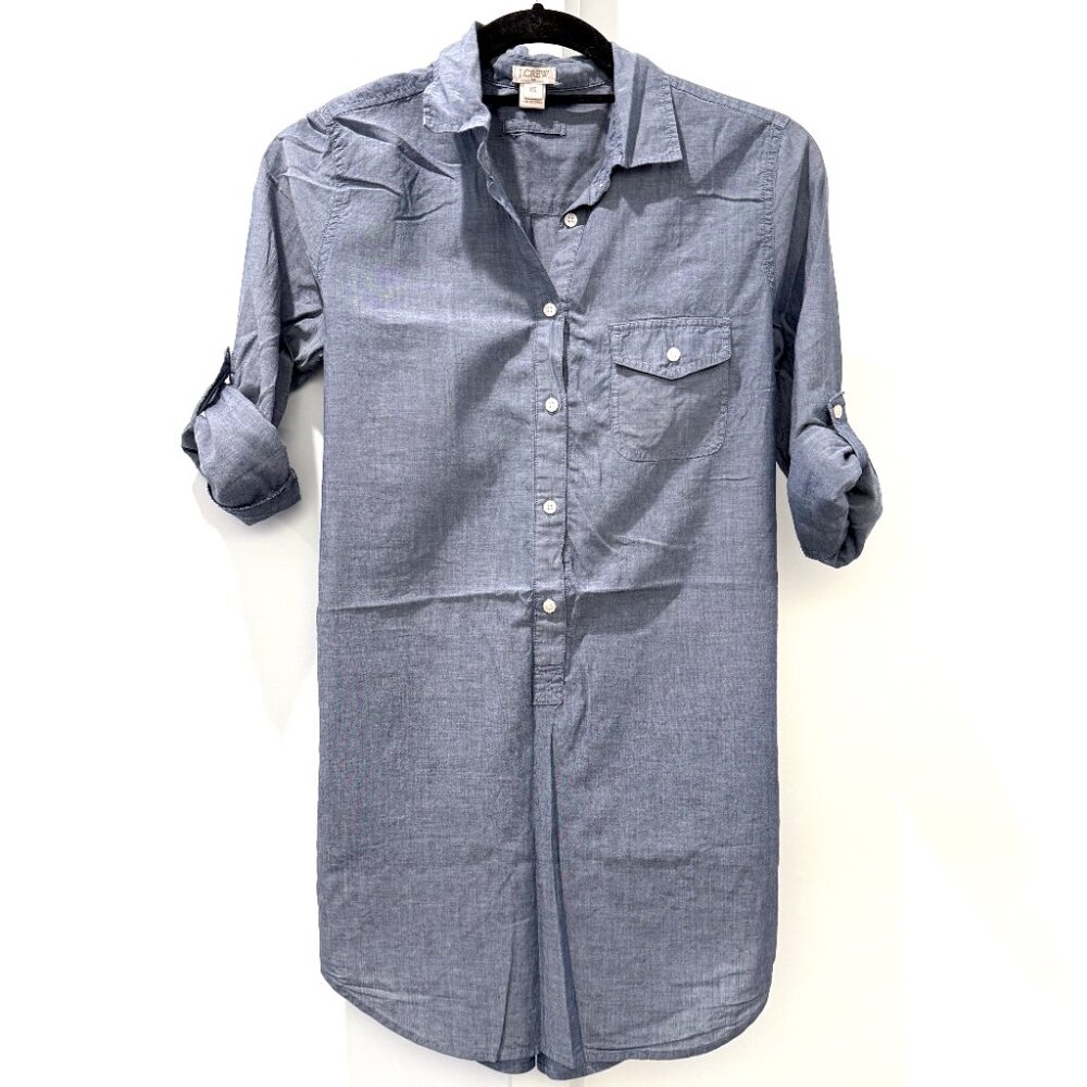 J Crew XS Blue Chambray Shirt Cotton Popover Linen Tunic Top Oxford Button Down